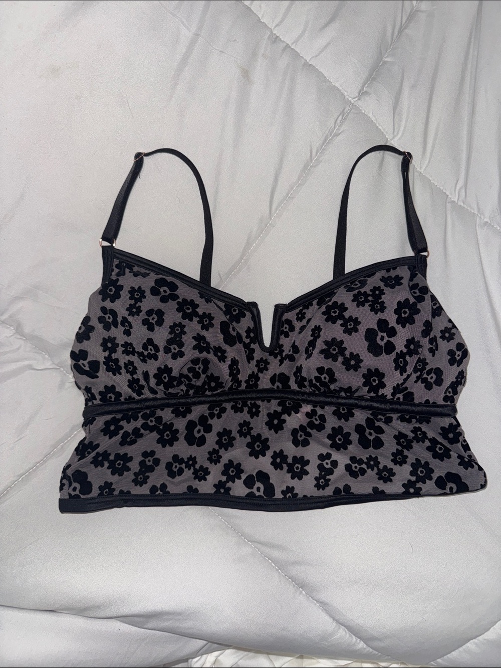 PINK Victoria Secrete Black Floral Velvet Bralette Crop Top - Women Intimates